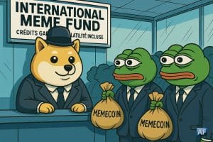 Un mème géant Doge trône derrière un guichet de banque, coiffé d’un chapeau de banquier, tandis qu'une foule d’investisseurs en costumes-cravates (et têtes de grenouilles PEPE) font la queue avec des sacs remplis de memecoins.