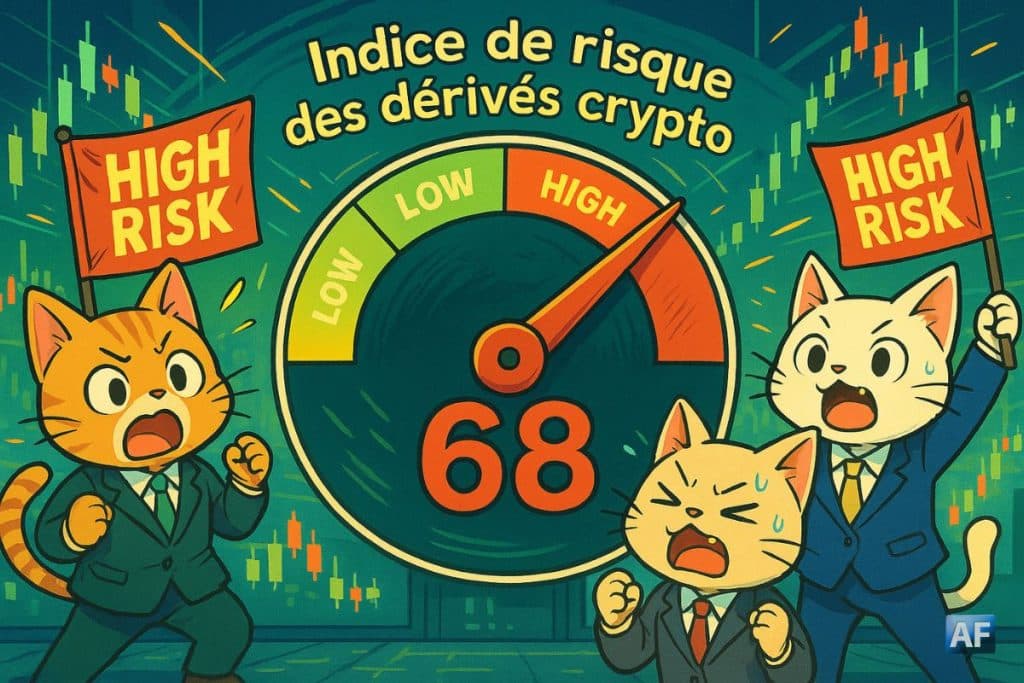 Dans une ambiance de salle de marché futuriste dessinée façon manga, un compteur géant affiche « 68 » dans la zone rouge. Autour, des traders‐chatons en costume agitent des drapeaux « HIGH RISK ».