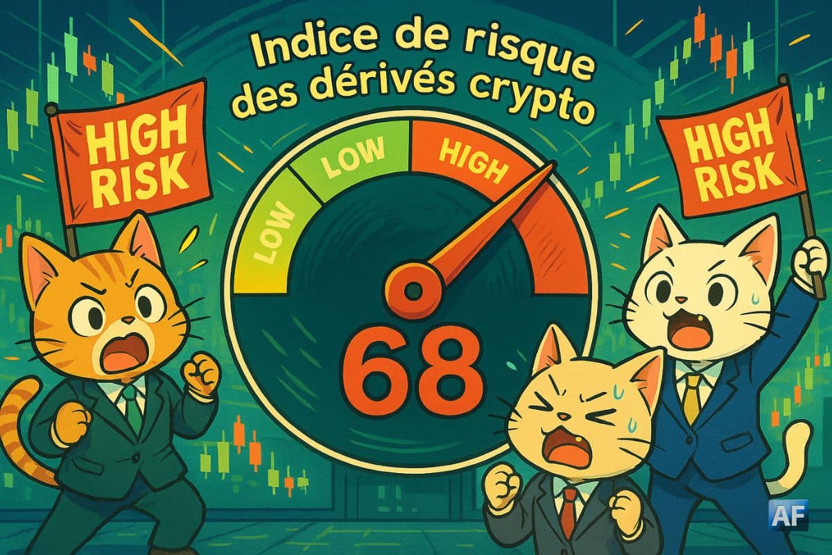 Dans une ambiance de salle de marché futuriste dessinée façon manga, un compteur géant affiche « 68 » dans la zone rouge. Autour, des traders‐chatons en costume agitent des drapeaux « HIGH RISK ».