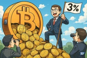 Un gigantesque coffre-fort en forme de logo Bitcoin, ouvert et rempli de pièces d’or avec le visage de Michael Saylor dessus. À côté, un homme en costume sourit triomphalement, tenant un drapeau “3 %”