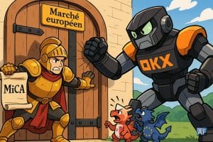 Un chevalier en armure dorée, brandissant un parchemin "MiCA", se tient devant une porte géante marquée "Marché européen" face à un robot géant aux couleurs d’OKX qui tente de passer en force.