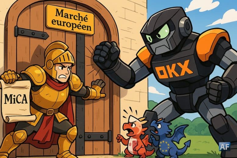Un chevalier en armure dorée, brandissant un parchemin "MiCA", se tient devant une porte géante marquée "Marché européen" face à un robot géant aux couleurs d’OKX qui tente de passer en force.