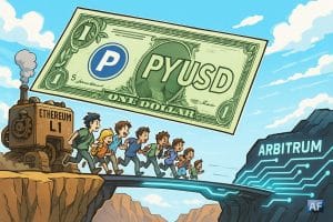 Un billet géant PYUSD survolant un pont futuriste entre Ethereum L1 rouillé et Arbitrum lumineux, avec des personnages crypto traversant dans une ambiance dynamique.