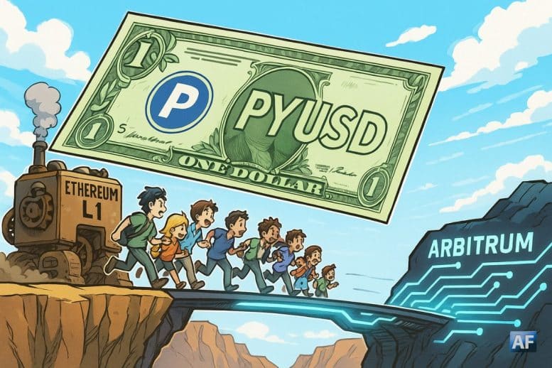 Un billet géant PYUSD survolant un pont futuriste entre Ethereum L1 rouillé et Arbitrum lumineux, avec des personnages crypto traversant dans une ambiance dynamique.