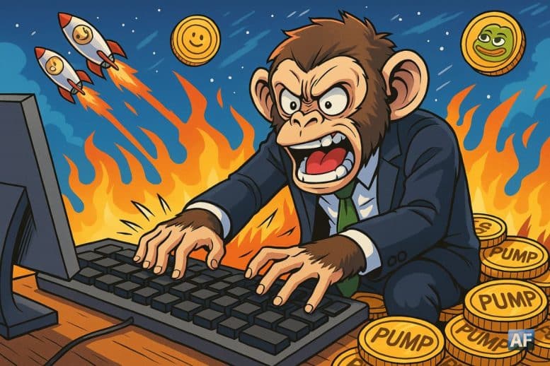 Un singe en costume-cravate tape frénétiquement sur un clavier géant, assis sur un tas de pièces dorées estampillées "PUMP". En arrière-plan, des flammes de jetpacks sur des mèmes coins s’envolent dans l’espace.