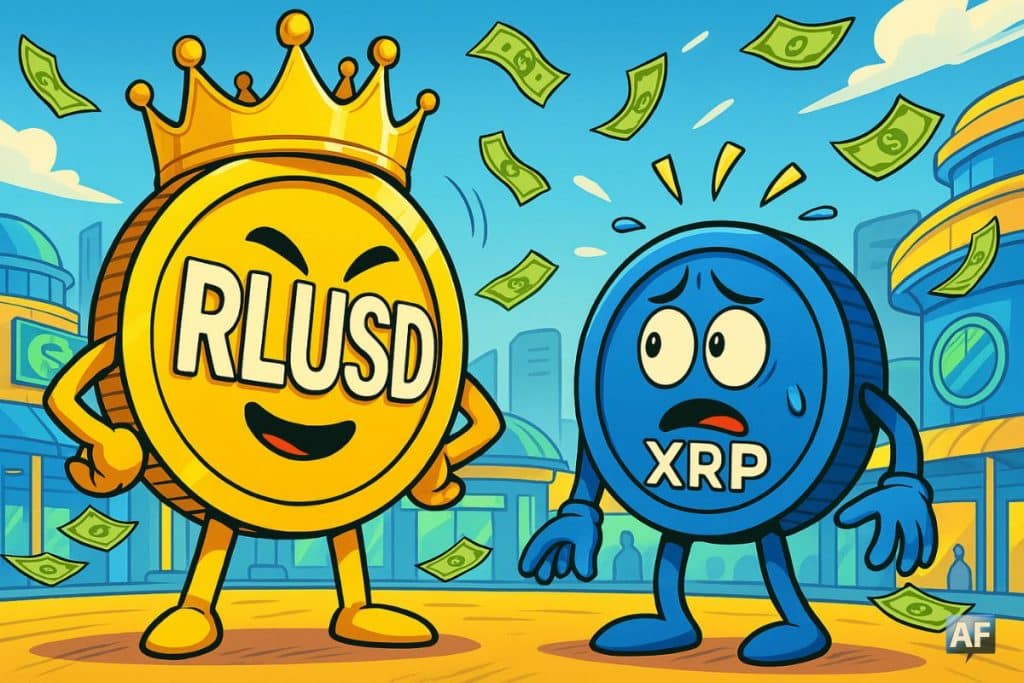 Sur une scène de marché futuriste, un jeton RLUSD géant coiffé d’une couronne en or toise un XRP visiblement inquiet, tandis que de petits billets de dollar volent autour d’eux.