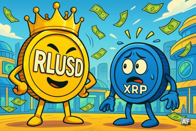 Sur une scène de marché futuriste, un jeton RLUSD géant coiffé d’une couronne en or toise un XRP visiblement inquiet, tandis que de petits billets de dollar volent autour d’eux.