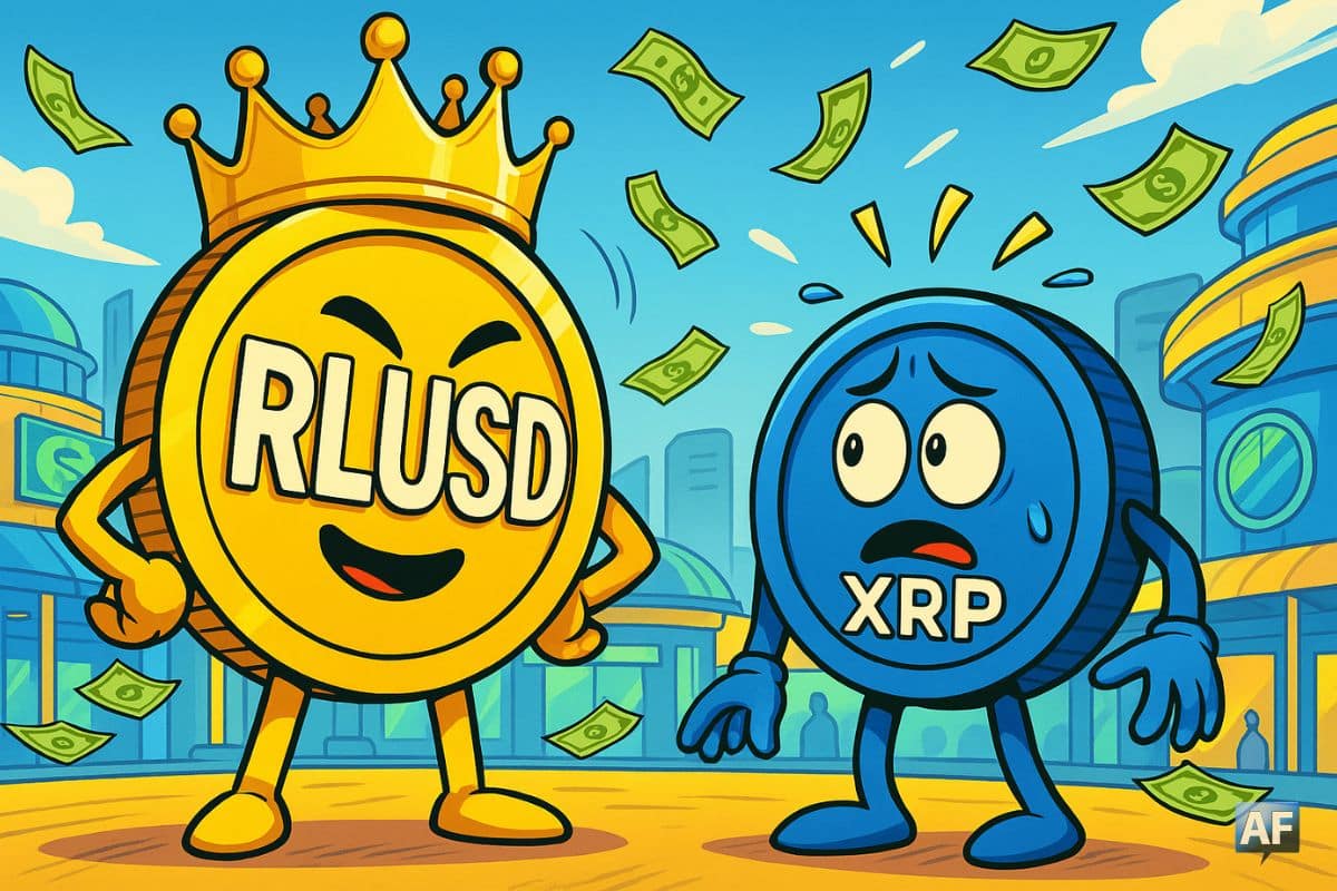 Sur une scène de marché futuriste, un jeton RLUSD géant coiffé d’une couronne en or toise un XRP visiblement inquiet, tandis que de petits billets de dollar volent autour d’eux.