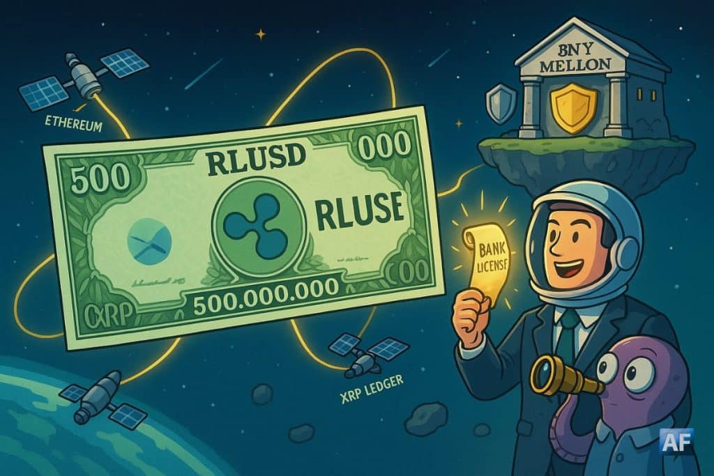 Une scène allégorique représentant un gigantesque billet de 500 millions de dollars flottant dans l’espace, estampillé "RLUSD", avec un logo Ripple au centre. Autour, des satellites marqués "Ethereum" et "XRP Ledger" le relient par des fils d’or scintillants.