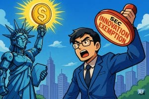 Une statue de la liberté robotisée tend un stablecoin lumineux vers le ciel, pendant qu’un inspecteur de la SEC en costume manga brandit un tampon “Innovation Exemption”.