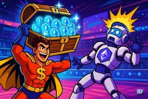 Dans un décor d'arène gaming, un super-héros des paris sportifs brandit un coffre débordant de jetons ETH étincelants, tandis qu’un robot aux couleurs de la Fondation Ethereum vacille.