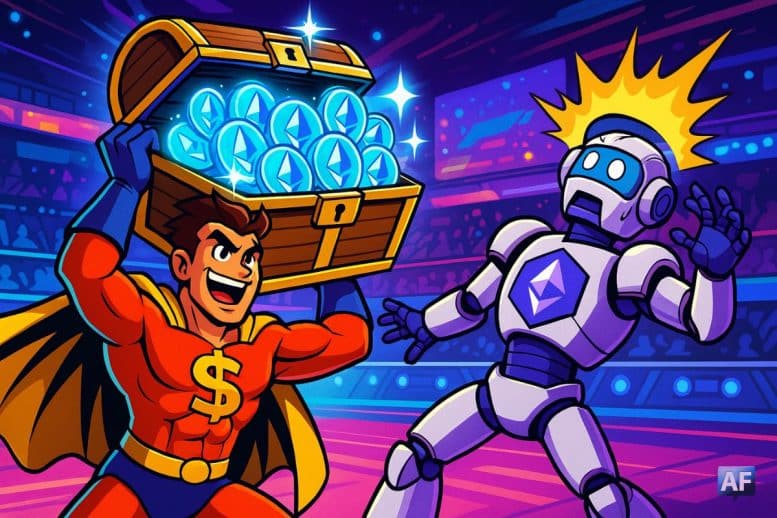 Dans un décor d'arène gaming, un super-héros des paris sportifs brandit un coffre débordant de jetons ETH étincelants, tandis qu’un robot aux couleurs de la Fondation Ethereum vacille.
