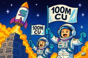 Une fusée ornée du logo Solana décolle d’un bloc-serveur empilé comme des briques de Lego, tandis que des validateurs en combinaison spatiale agitent des drapeaux marqués “100 M CU”.