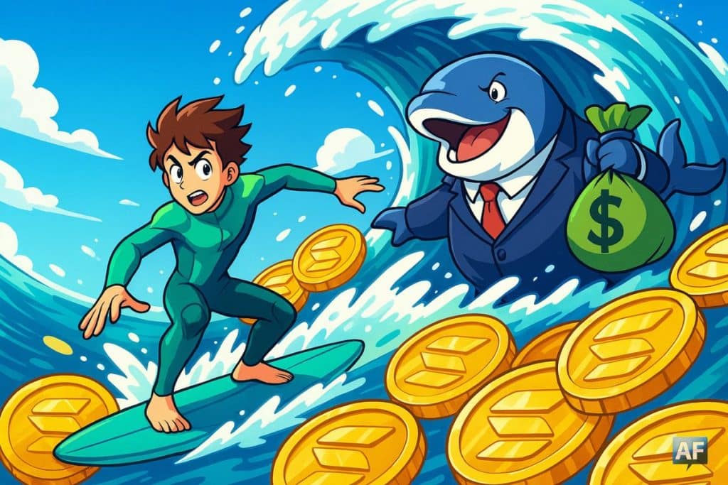 Un jeune surfeur en combinaison couleur vert-turquoise fonce sur une vague géante faite de pièces SOL scintillantes, tandis qu’une baleine en costume de banquier surgit derrière lui, sac de dollars sur le dos.