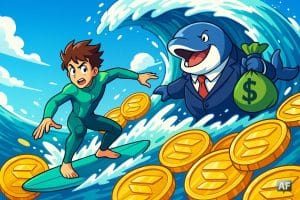 Un jeune surfeur en combinaison couleur vert-turquoise fonce sur une vague géante faite de pièces SOL scintillantes, tandis qu’une baleine en costume de banquier surgit derrière lui, sac de dollars sur le dos.
