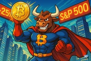 Taureau de Wall Street façon super-héros manga, brandissant un Bitcoin doré étincelant ; gratte-ciels en arrière-plan avec deux banderoles : l’une affichant “+25 %”, l’autre “S&P 500” en lettres lumineuses