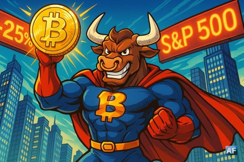 Taureau de Wall Street façon super-héros manga, brandissant un Bitcoin doré étincelant ; gratte-ciels en arrière-plan avec deux banderoles : l’une affichant “+25 %”, l’autre “S&P 500” en lettres lumineuses
