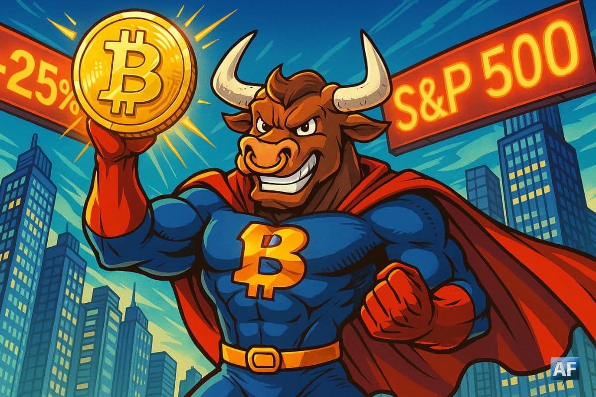 Taureau de Wall Street façon super-héros manga, brandissant un Bitcoin doré étincelant ; gratte-ciels en arrière-plan avec deux banderoles : l’une affichant “+25 %”, l’autre “S&P 500” en lettres lumineuses