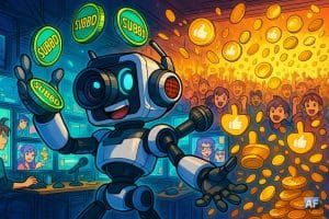Une mascotte robotique, mi-caméra mi-microphone, jongle avec des jetons SUBBD fluorescents au-dessus d’un studio de créateurs rempli d’écrans animés. En arrière-plan, une foule de fans virtuels brandit des bulles “Like” qui se transforment en pièces d’or.