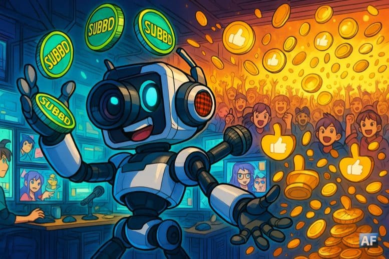 Une mascotte robotique, mi-caméra mi-microphone, jongle avec des jetons SUBBD fluorescents au-dessus d’un studio de créateurs rempli d’écrans animés. En arrière-plan, une foule de fans virtuels brandit des bulles “Like” qui se transforment en pièces d’or.