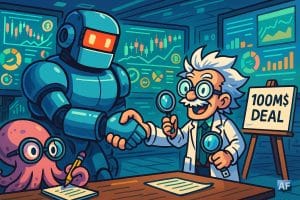 Une salle de marché futuriste : un robot géant serre la main d’un savant fou miniature, pendant qu’une pieuvre rose à lunettes prend des notes ; écrans de données et tableau « 100M$ DEAL » en arrière-plan.