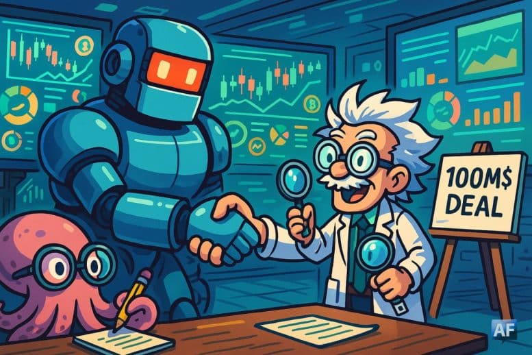 Une salle de marché futuriste : un robot géant serre la main d’un savant fou miniature, pendant qu’une pieuvre rose à lunettes prend des notes ; écrans de données et tableau « 100M$ DEAL » en arrière-plan.