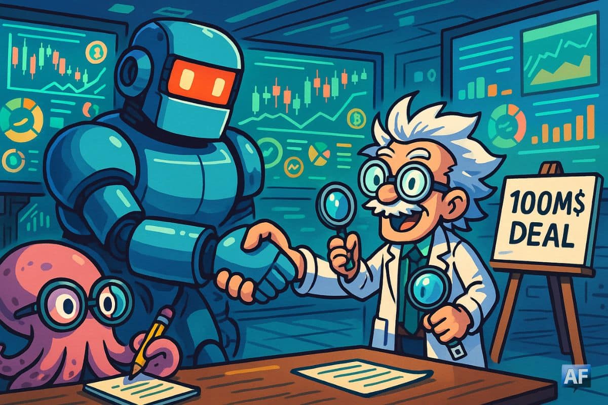 Une salle de marché futuriste : un robot géant serre la main d’un savant fou miniature, pendant qu’une pieuvre rose à lunettes prend des notes ; écrans de données et tableau « 100M$ DEAL » en arrière-plan.