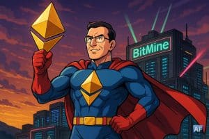 Peter Thiel en super-héros manga, costume bleu pétrole et cape rouge, brandissant un gigantesque logo Ethereum en or fondu devant une mine futuriste de crypto-serveurs scintillants.