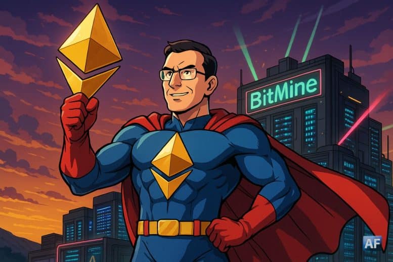 Peter Thiel en super-héros manga, costume bleu pétrole et cape rouge, brandissant un gigantesque logo Ethereum en or fondu devant une mine futuriste de crypto-serveurs scintillants.