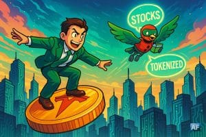 Un trader en costume vert surfant sur un jeton géant de Tesla au-dessus d’une ville futuriste, les gratte-ciel remplacés par des circuits imprimés, tandis qu’un oiseau robot livre des actions tokénisées dans des bulles de dialogue fluorescentes