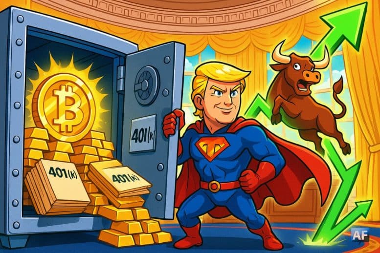 Un coffre-fort ouvert dans un Bureau Ovale stylisé, contenant un Bitcoin étincelant, des lingots d’or et des dossiers “401(k)”, ouvert par Donald Trump costumé en super-héros manga, tandis qu’un taureau bondit sur une flèche verte qui perce le plafond.