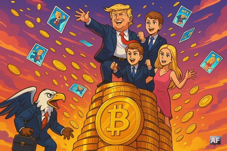Donald Trump et sa famille perchés au sommet d’un gratte-ciel fait de pièces de Bitcoin, lançant des cartes NFT comme des frisbees
