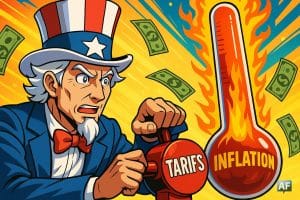 Oncle Sam tournant un énorme bouton rouge marqué “Tarifs” ; un thermomètre gigantesque s’élève avec un mercure incandescent symbolisant l’inflation, tandis que des billets de banque flottent autour de lui.