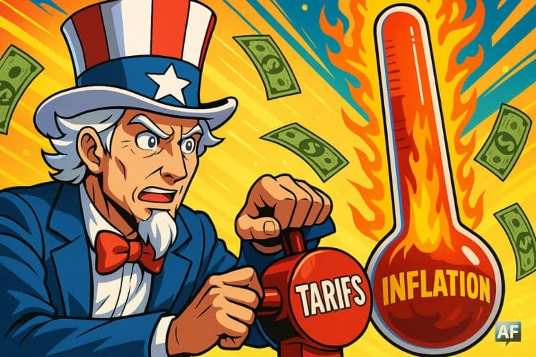 Oncle Sam tournant un énorme bouton rouge marqué “Tarifs” ; un thermomètre gigantesque s’élève avec un mercure incandescent symbolisant l’inflation, tandis que des billets de banque flottent autour de lui.