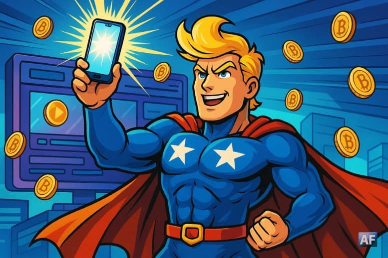 Un super-héros de style américain, coiffé d'une grande mèche blonde et vêtu d’un costume bleu étoilé, brandit un smartphone lumineux comme un sceptre. Il se tient fièrement devant une plateforme de streaming futuriste, avec des jetons numériques flottant autour de lui.