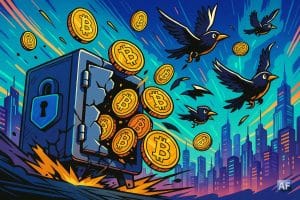 Un coffre-fort high-tech éventré d’où s’échappent des pièces de Bitcoin qui se transforment en oiseaux voleurs, survolant une ville futuriste
