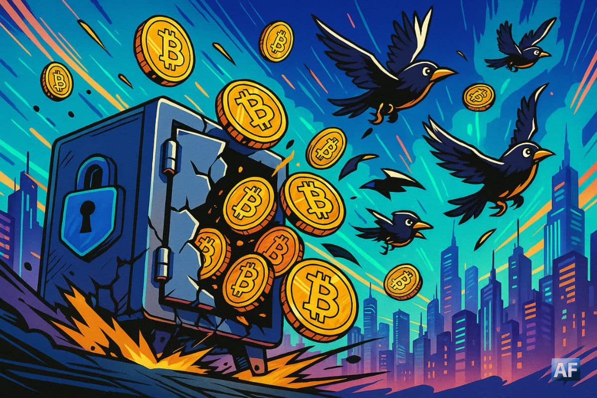 Un coffre-fort high-tech éventré d’où s’échappent des pièces de Bitcoin qui se transforment en oiseaux voleurs, survolant une ville futuriste