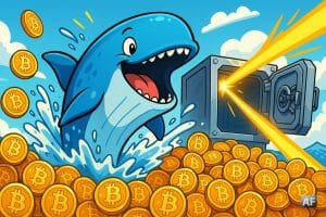 Une baleine bleue gigantesque surgit d’un océan scintillant de pièces Bitcoin tandis qu’un coffre-fort futuriste s’ouvre en arrière-plan, laissant échapper un faisceau laser doré