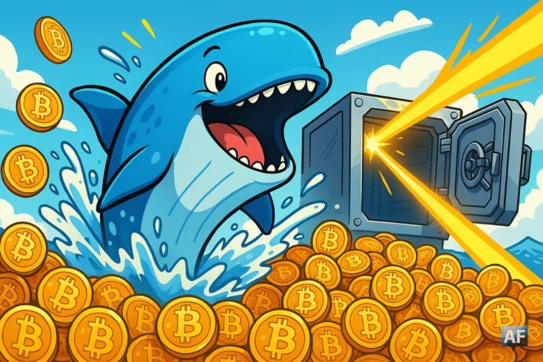 Une baleine bleue gigantesque surgit d’un océan scintillant de pièces Bitcoin tandis qu’un coffre-fort futuriste s’ouvre en arrière-plan, laissant échapper un faisceau laser doré