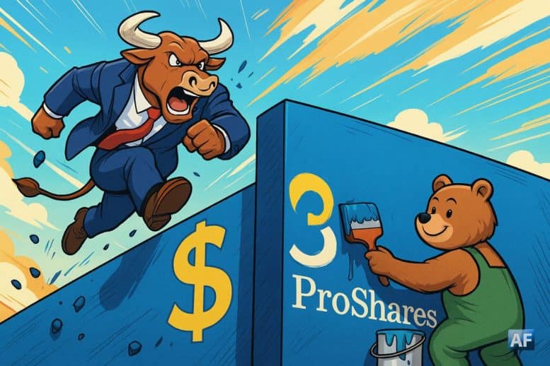 Un taureau en costume de trader tente de franchir un mur « 3 $ », tandis qu’un ours repeint la barrière avec le logo ProShares