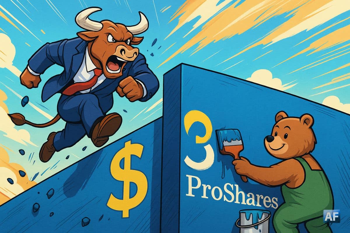 Un taureau en costume de trader tente de franchir un mur « 3 $ », tandis qu’un ours repeint la barrière avec le logo ProShares