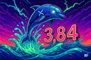 Un dauphin cybernétique portant le logo XRP jaillit d’un océan de liquidités formant le chiffre 3,84.