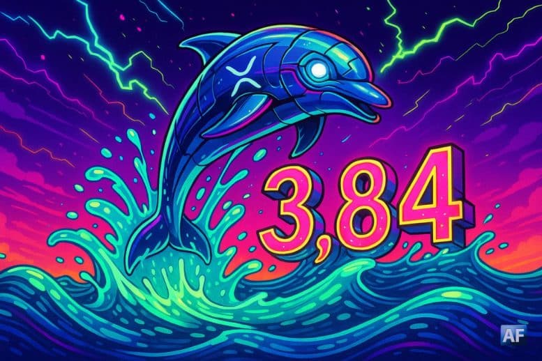 Un dauphin cybernétique portant le logo XRP jaillit d’un océan de liquidités formant le chiffre 3,84.