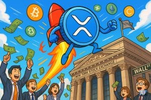 Un XRP géant avec une fusée accrochée dans le dos, prêt à décoller depuis le toit de la Bourse de New York.