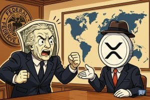 Une réunion secrète au sein de la Réserve fédérale où un énorme billet de banque prend vie et débat avec une mascotte XRP, tous deux habillés en diplomates, devant une carte du monde