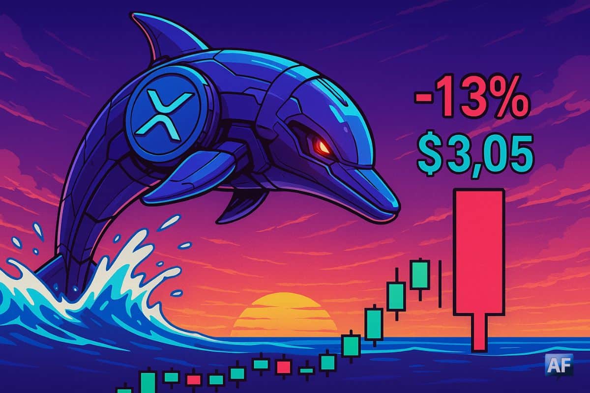 Un jeton XRP géant, stylisé comme un dauphin cyberpunk, saute par-dessus une barrière océanique faite de bougies vertes et rouges face à un prix à 3,05 dollars et une chute de 13%.