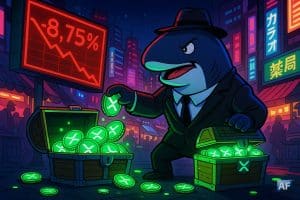 Sur une scène de marché nocturne façon cyber-Tokyo, une baleine géante en costume d’agent secret libère des coffres remplis de jetons XRP phosphorescents, tandis qu’un prix-ticker rouge plonge en arrière-plan.
