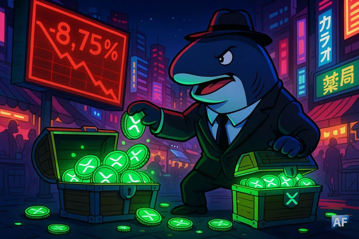 Sur une scène de marché nocturne façon cyber-Tokyo, une baleine géante en costume d’agent secret libère des coffres remplis de jetons XRP phosphorescents, tandis qu’un prix-ticker rouge plonge en arrière-plan.