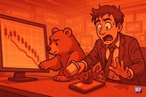 Un ours boursier tape doucement un écran montrant un graphique en repli. À côté, un trader distrait renverse son café sur un smartphone (app crypto générique).