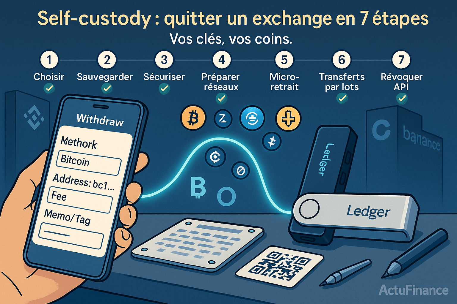 Un smartphone en écran “Withdraw” connecté par un flux lumineux à un Ledger Nano X, avec plaque métal de seed floutée, QR code partiel, frise “7 étapes” et logos atténués de Binance/Coinbase.